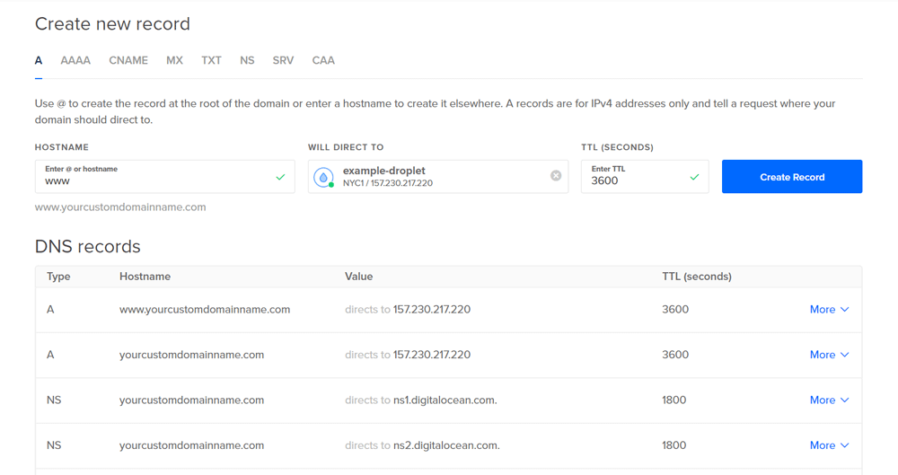 Digital Ocean create DNS record menu