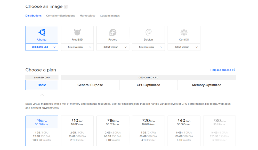 Digital Ocean Droplet options with Ubuntu and Basic payment plan