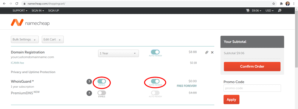 Namecheap.com checkout page highlighting WhoisGuard